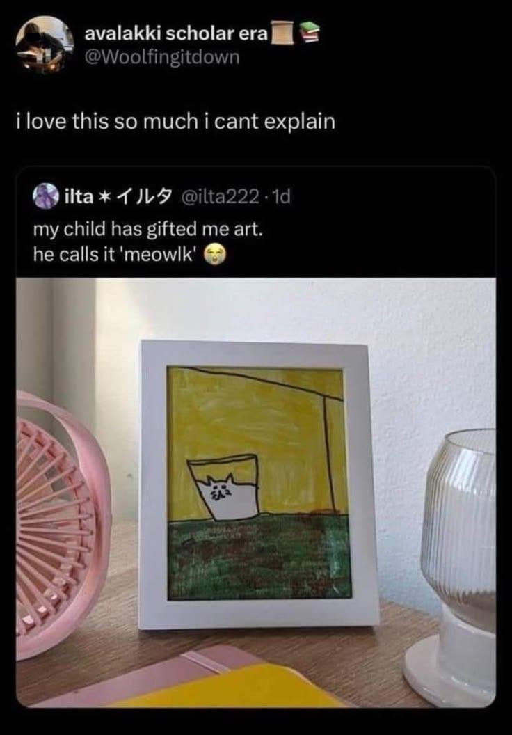 Framed child's drawing of a white cat with angry expression in yellow and green background, displayed on shelf