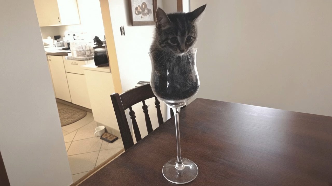 A tabby cat's head is digitally placed inside a wine glass sitting on a wooden table