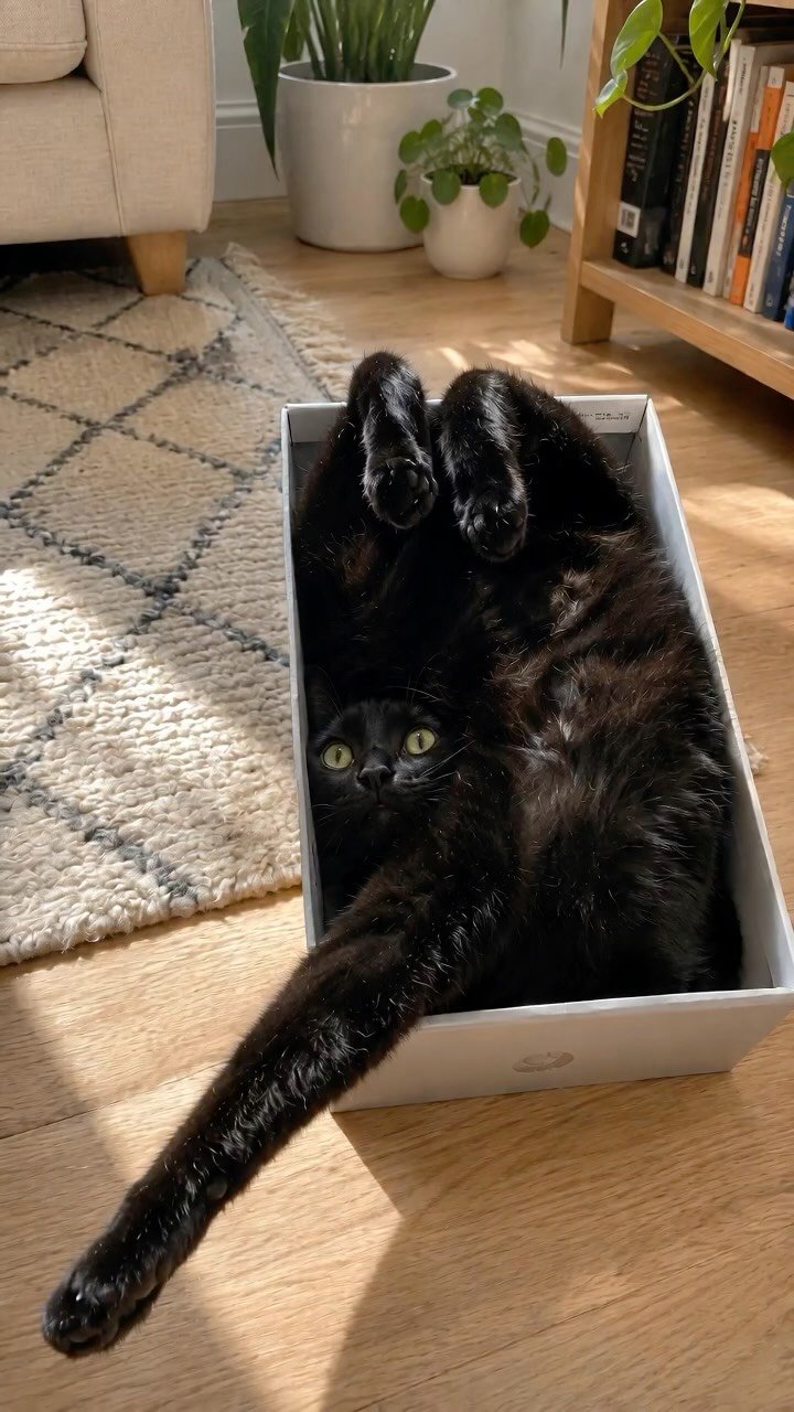 Black cat lying in a white box on a wooden floor with back paws stretched up in the air, looking at the camera with yellow eyes