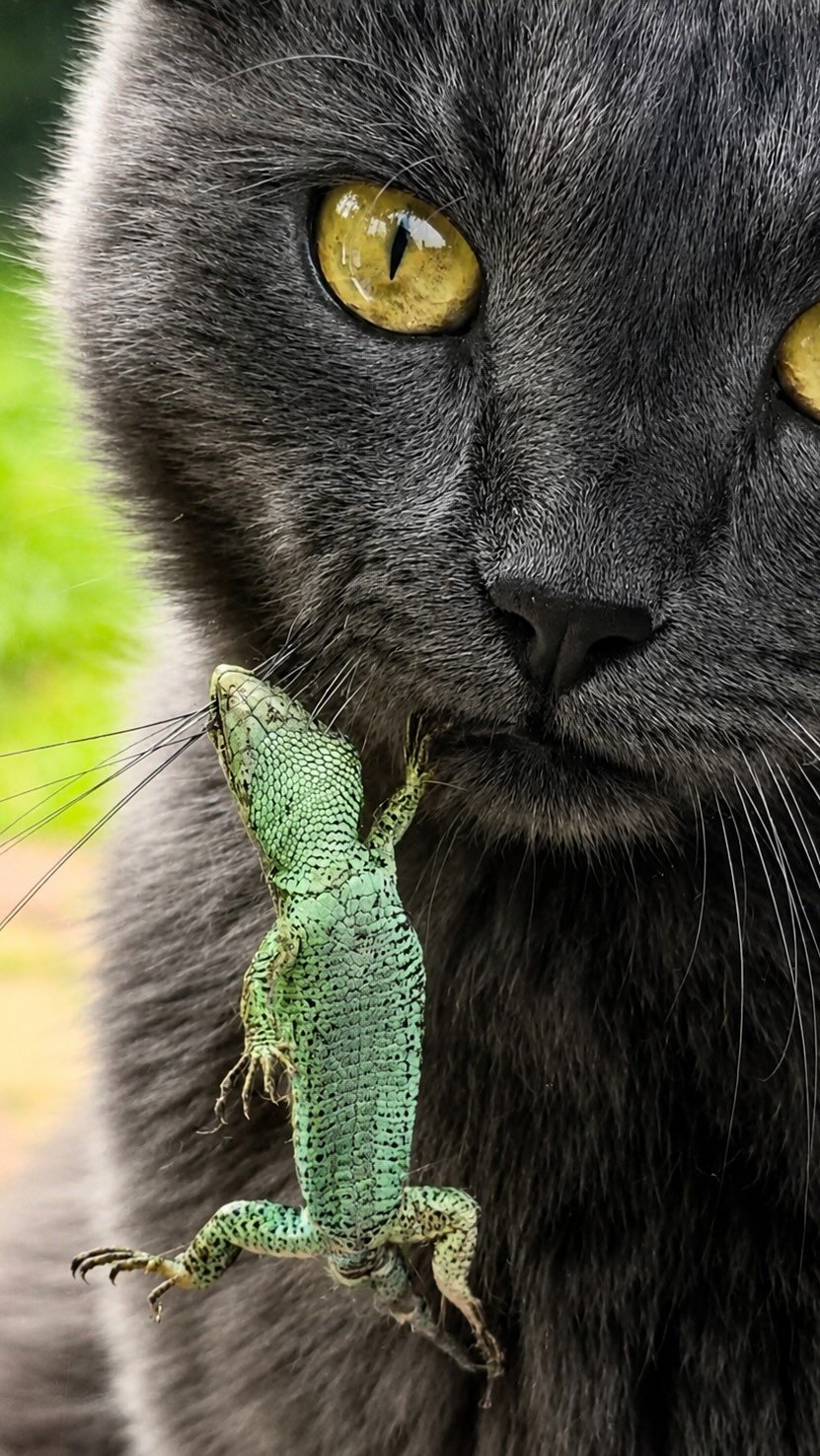 Gray cat holding a small green lizard in its mouth, looking directly at camera with golden eyes