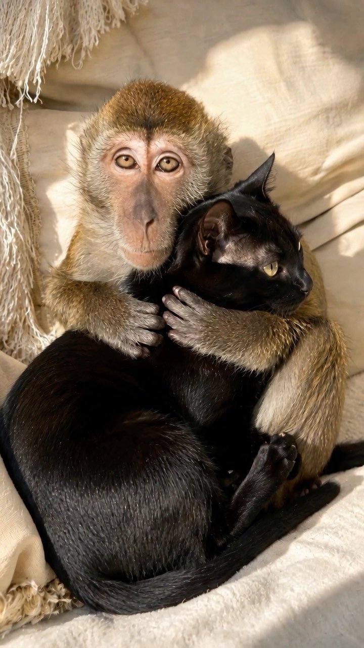 Brown monkey holding a black cat while sitting on a light-colored blanket, with wide surprised eyes