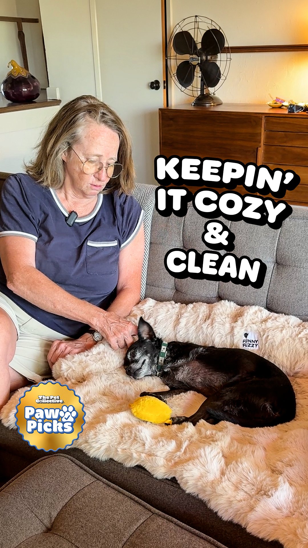 Woman petting a small black dog resting on a tan pet bed on the sofa