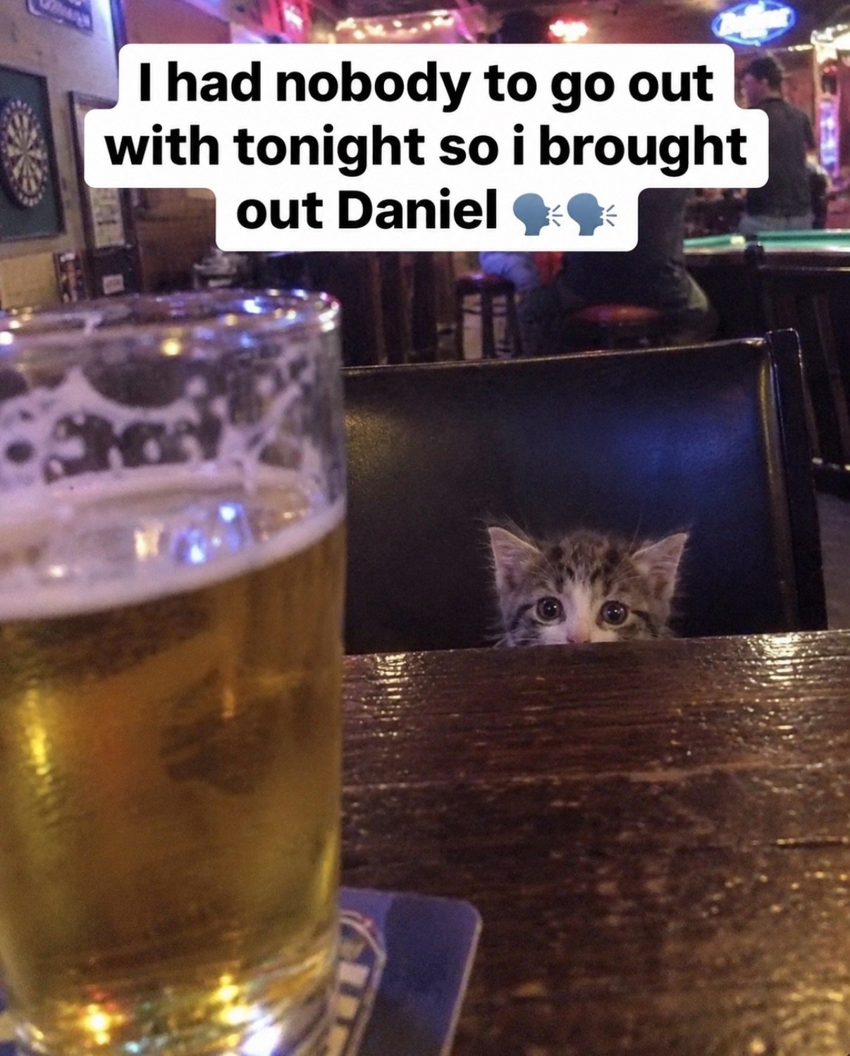 A tabby cat peeking over the edge of a bar table next to a beer glass in a dimly lit pub