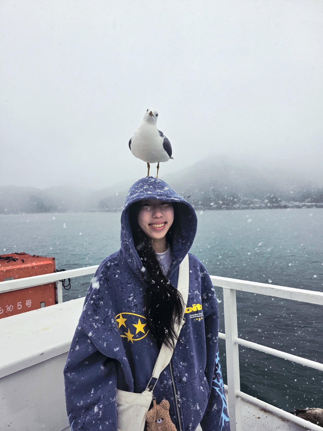 A seagull stands on a young woman's head while she smiles on a snowy boat with misty mountains in the background