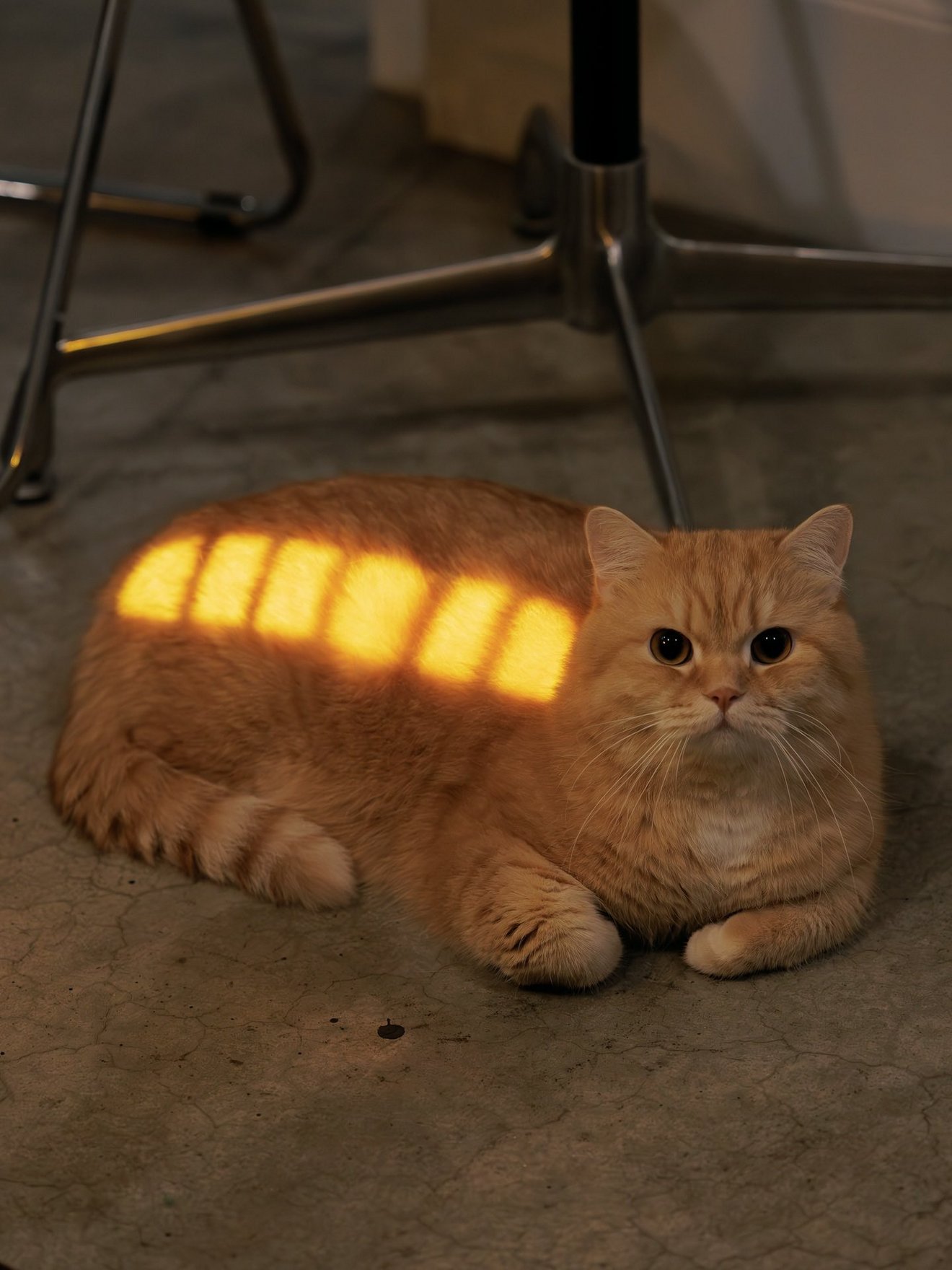 Orange tabby cat sitting on concrete floor with golden sunlight stripes across its back